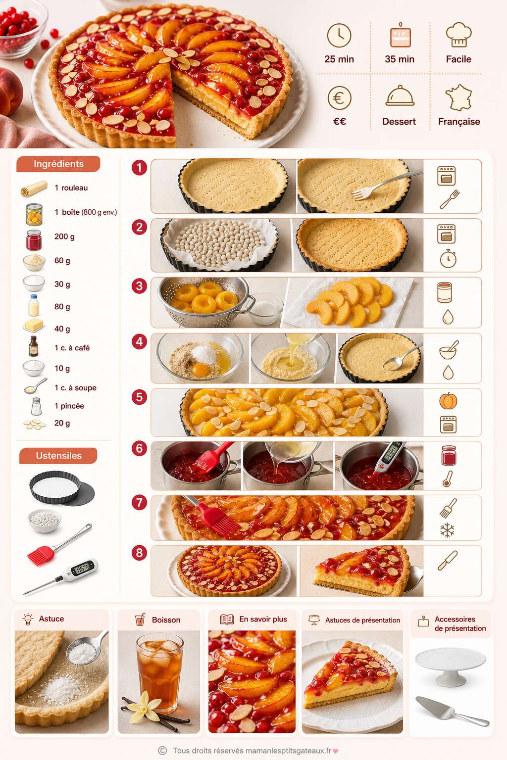 Fiche recette Tarte aux pêches et gelée de groseille : recette gourmande Fiche recette Tarte aux pêches et gelée de groseille : recette gourmande