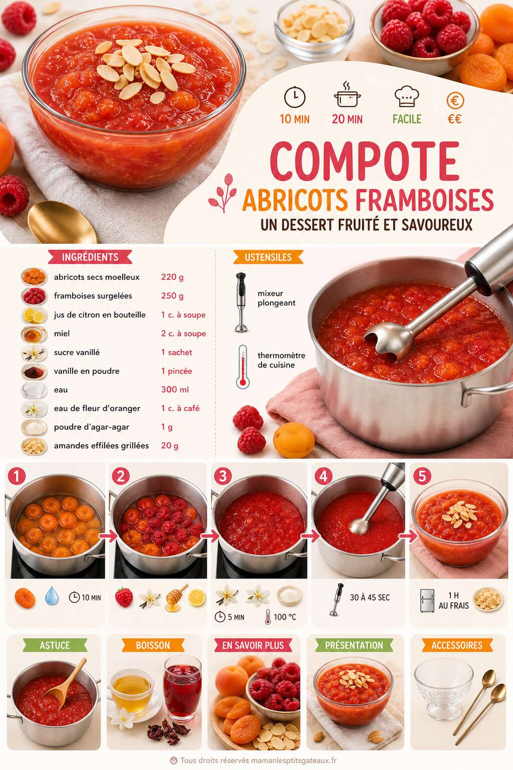 Fiche recette Recette de compote abricots framboises : un dessert fruité et savoureux Fiche recette Recette de compote abricots framboises : un dessert fruité et savoureux