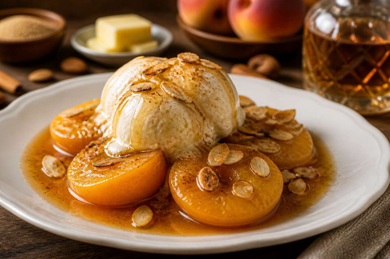 Pêches flambées à la glace : recette gourmande