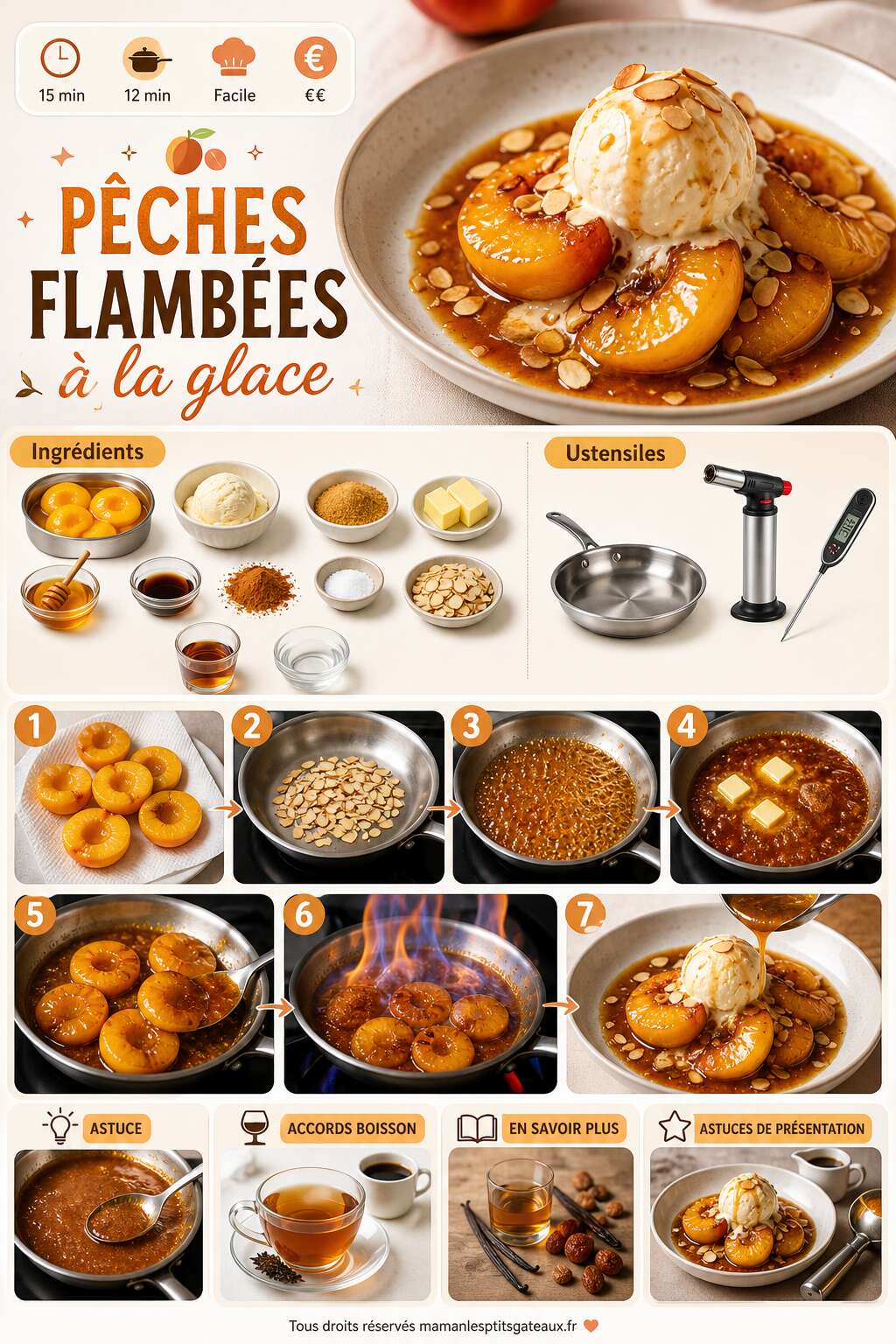 Fiche recette Pêches flambées à la glace : recette gourmande Fiche recette Pêches flambées à la glace : recette gourmande