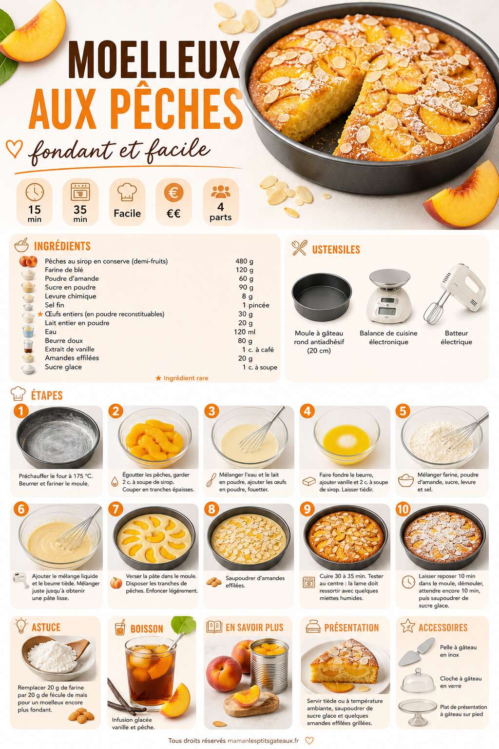 Fiche recette Recette du moelleux aux pêches fondant et facile Fiche recette Recette du moelleux aux pêches fondant et facile