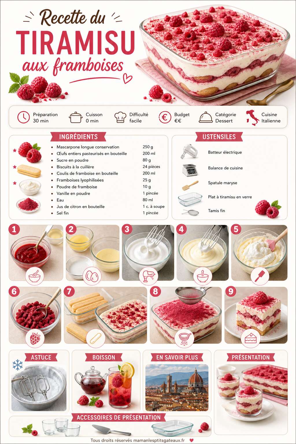 Fiche recette Recette du tiramisu aux framboises Fiche recette Recette du tiramisu aux framboises