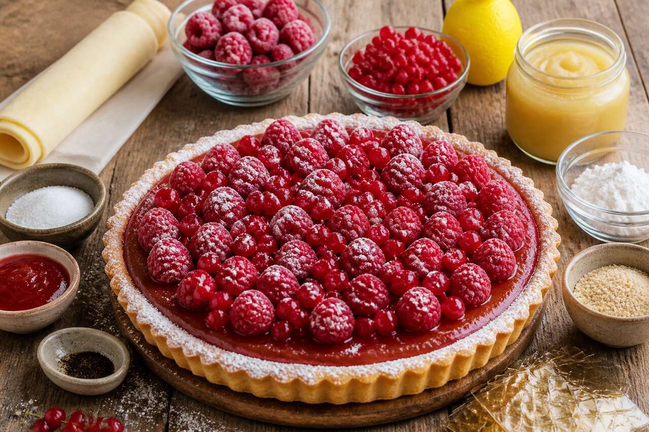 Tarte aux framboises sur compote de groseilles et pommes