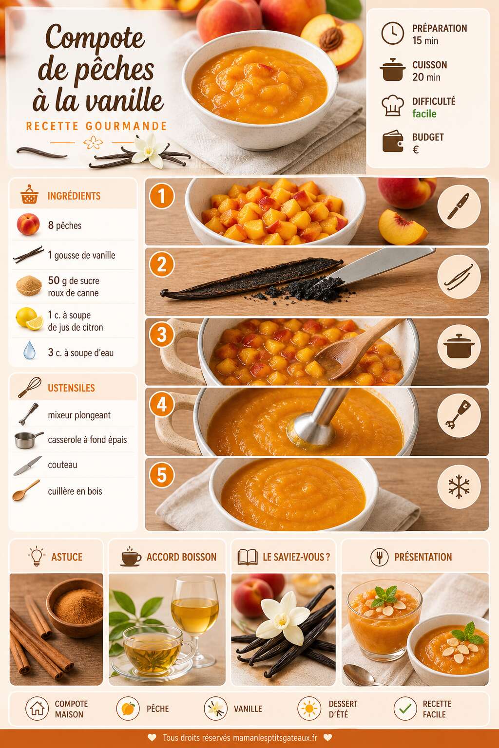 Fiche recette Compote de pêches à la vanille : recette gourmande Fiche recette Compote de pêches à la vanille : recette gourmande