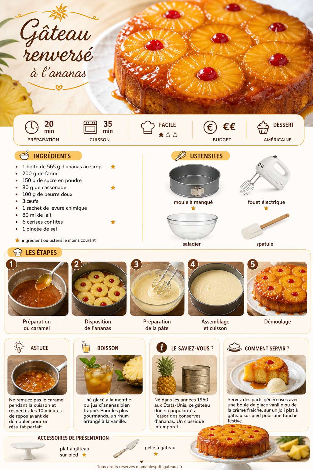 Fiche recette Recette du gâteau renversé à l'ananas Fiche recette Recette du gâteau renversé à l'ananas