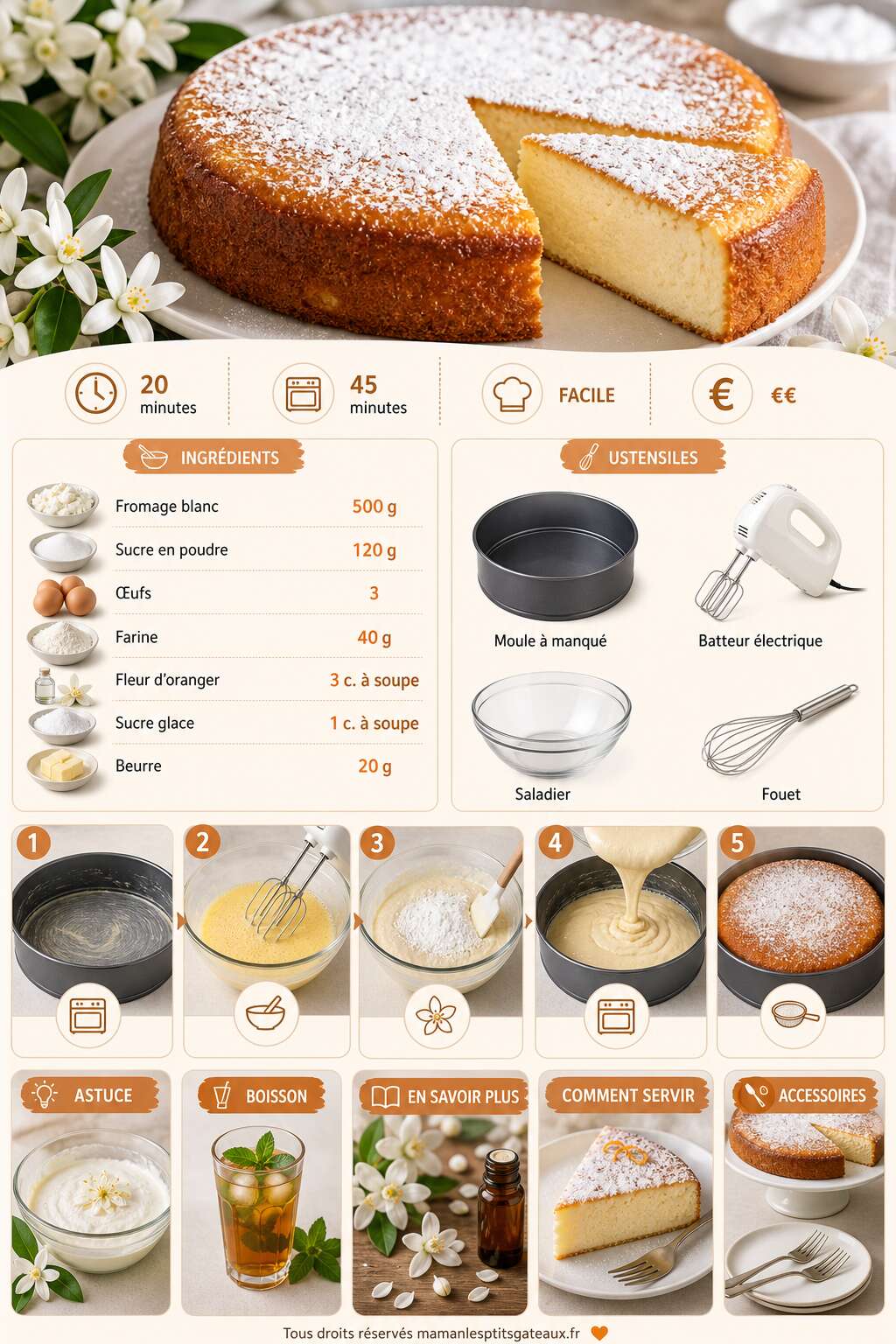 Fiche recette G&acirc;teau au fromage blanc parfum&eacute; &agrave; la fleur d'oranger