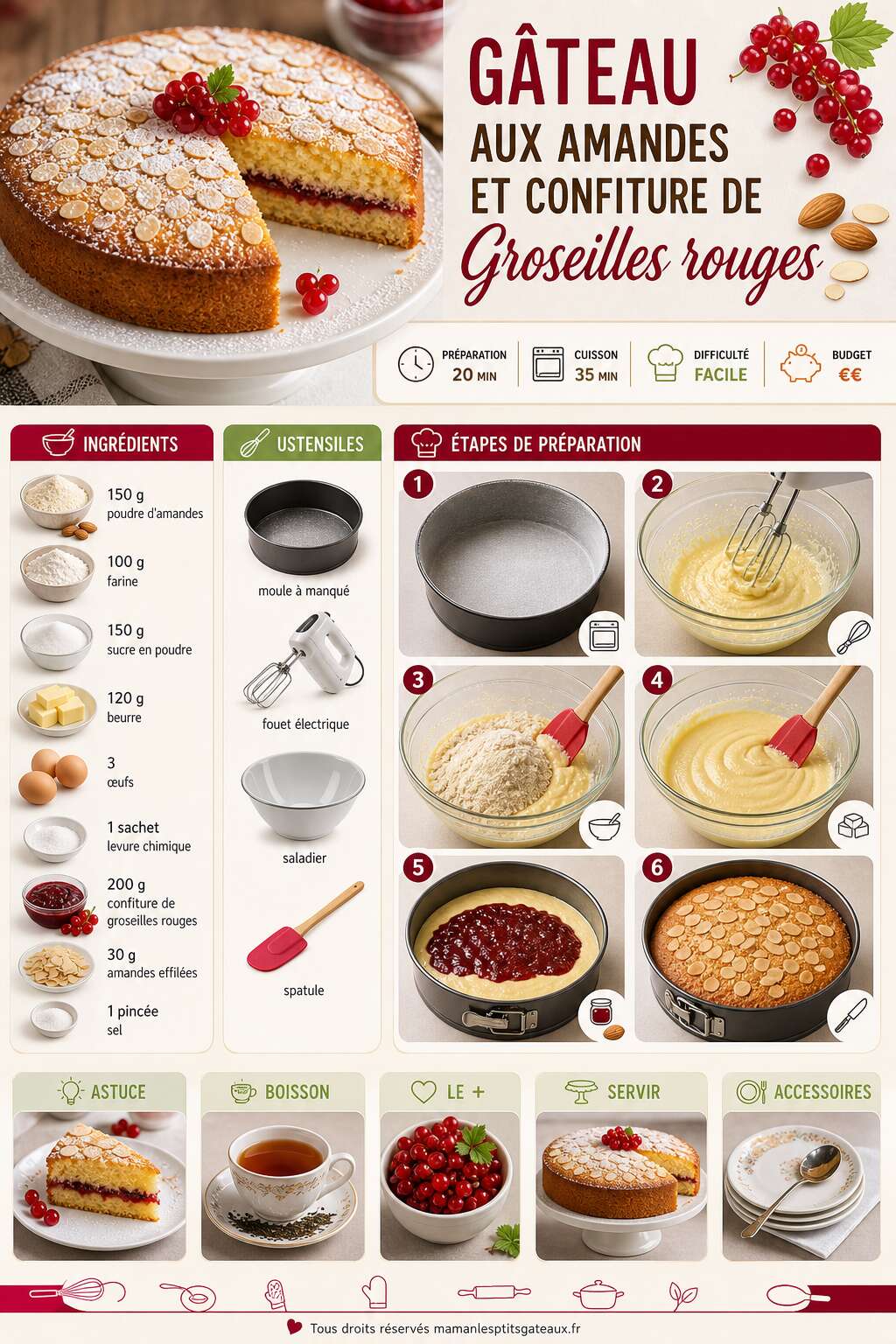 Fiche recette G&acirc;teau aux amandes et confiture de groseilles rouges : recette savoureuse