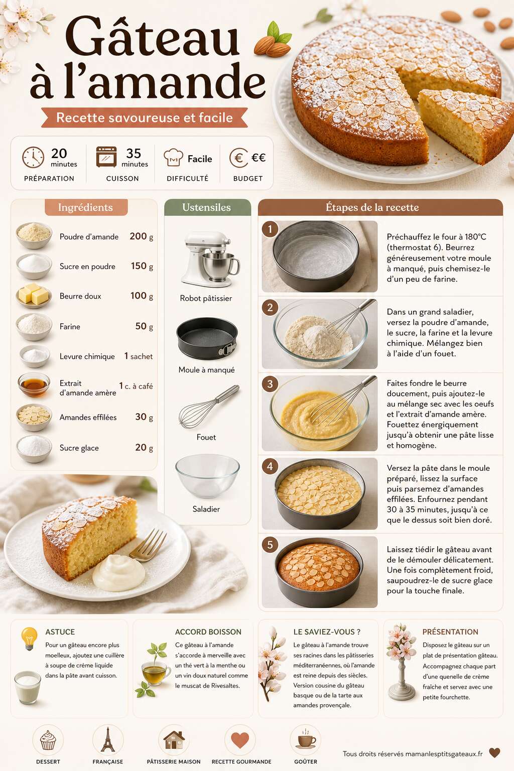 Fiche recette Gâteau à l'amande : recette savoureuse et facile Fiche recette Gâteau à l'amande : recette savoureuse et facile