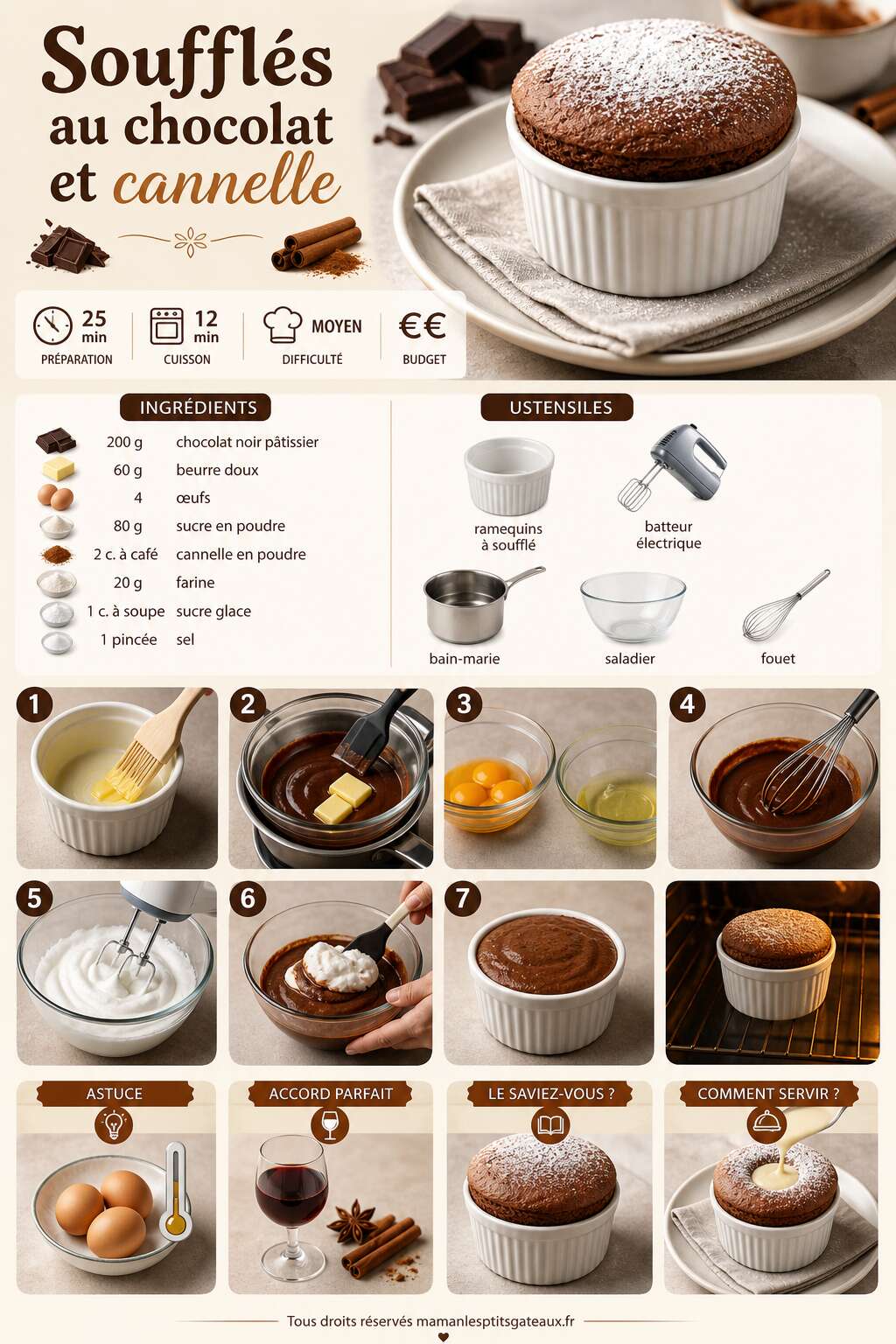 Fiche recette Soufflés au chocolat et cannelle : recette gourmande Fiche recette Soufflés au chocolat et cannelle : recette gourmande