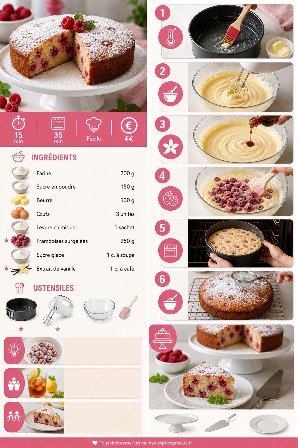 Fiche recette D&eacute;licieux g&acirc;teau aux framboises : recette simple et rapide