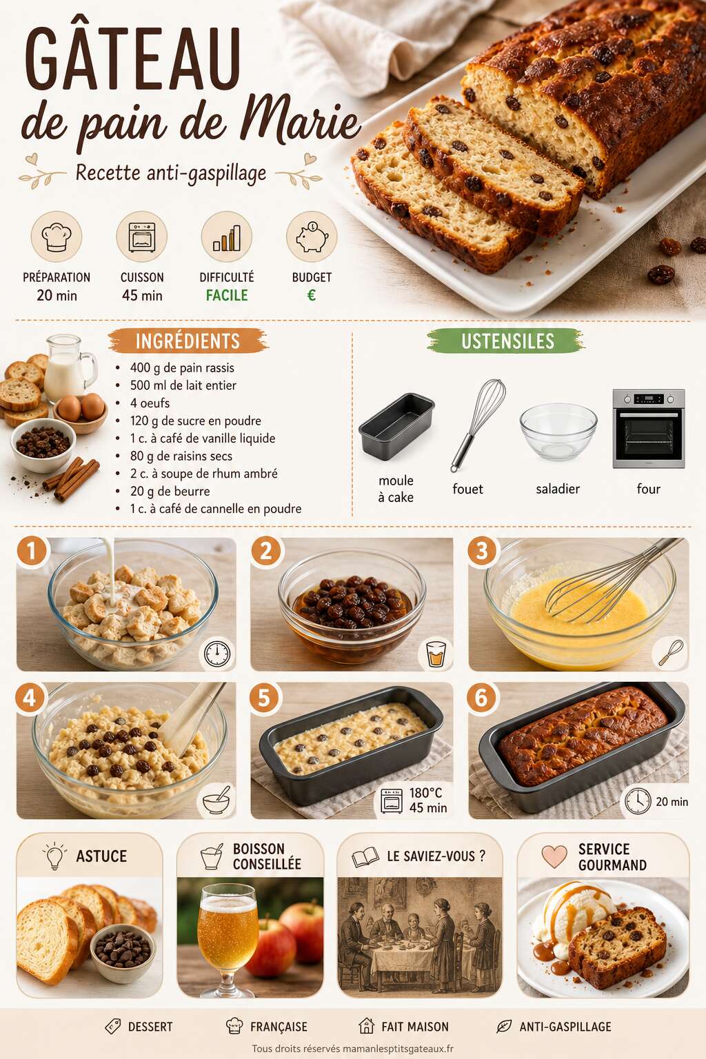 Fiche recette Gâteau de pain de Marie : recette anti-gaspillage Fiche recette Gâteau de pain de Marie : recette anti-gaspillage