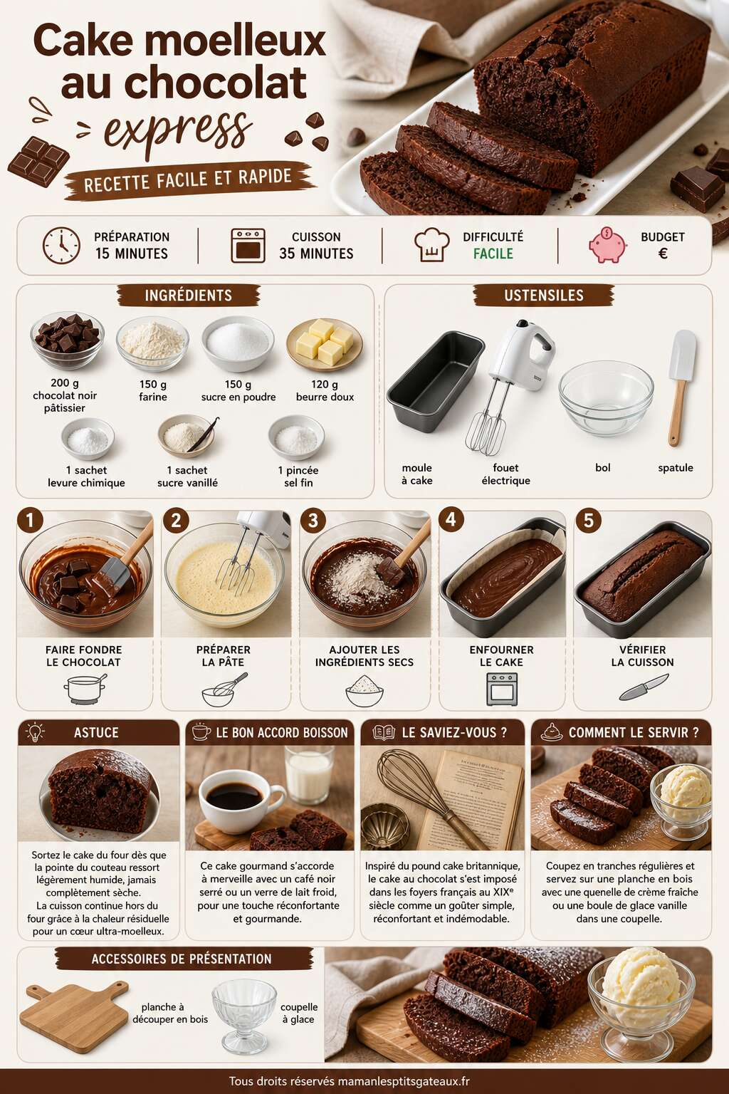 Fiche recette Cake moelleux au chocolat express : recette facile et rapide