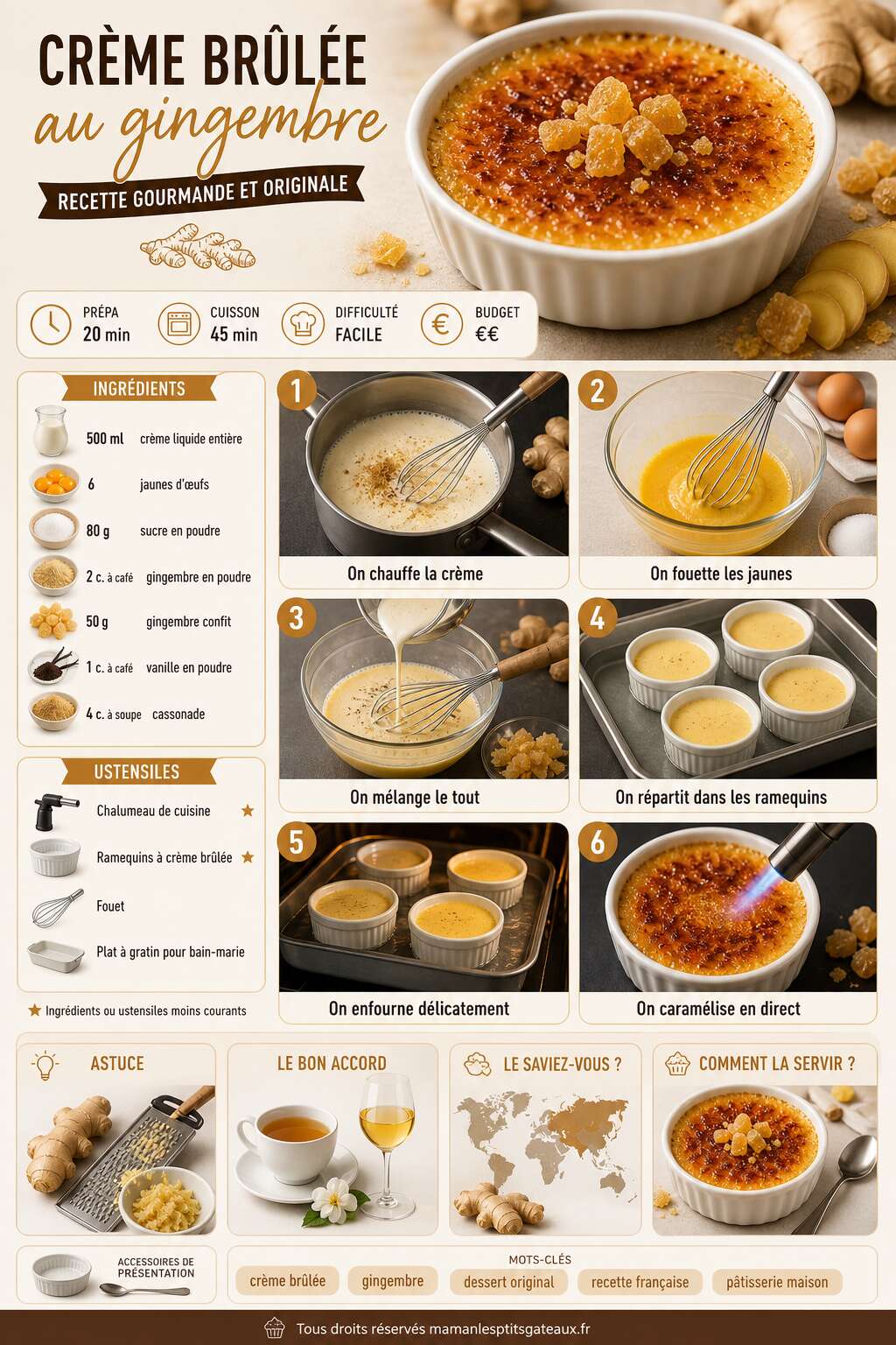 Fiche recette Crème brûlée au gingembre : recette gourmande et originale Fiche recette Crème brûlée au gingembre : recette gourmande et originale