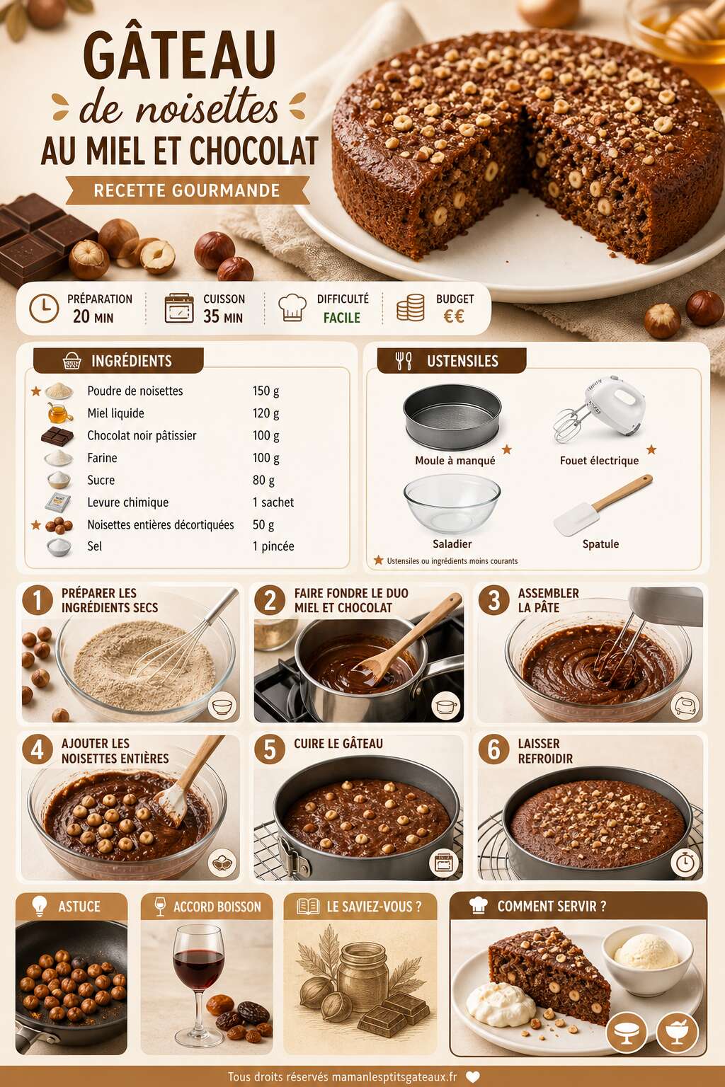 Fiche recette G&acirc;teau de noisettes au miel et chocolat : recette gourmande