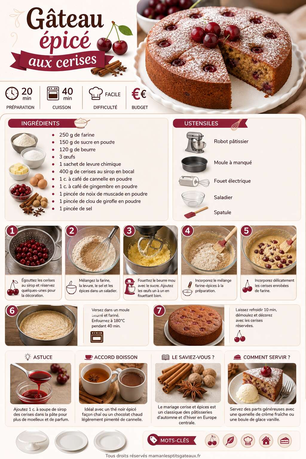 Fiche recette G&acirc;teau &eacute;pic&eacute; aux cerises : recette savoureuse