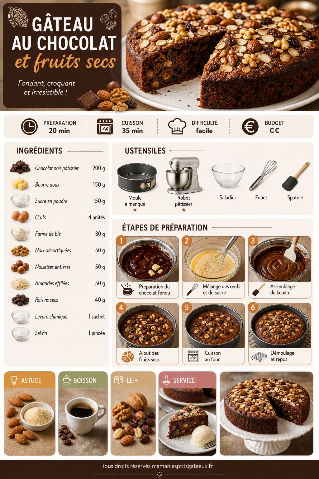 Fiche recette Gâteau au chocolat et fruits secs : recette gourmande et facile Fiche recette Gâteau au chocolat et fruits secs : recette gourmande et facile