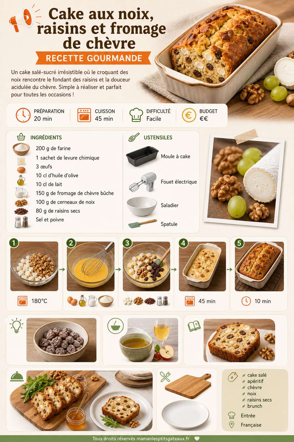 Fiche recette Cake aux noix, raisins et fromage de ch&egrave;vre : recette gourmande