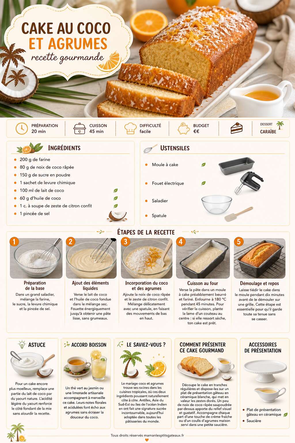 Fiche recette Cake au coco et agrumes : recette gourmande