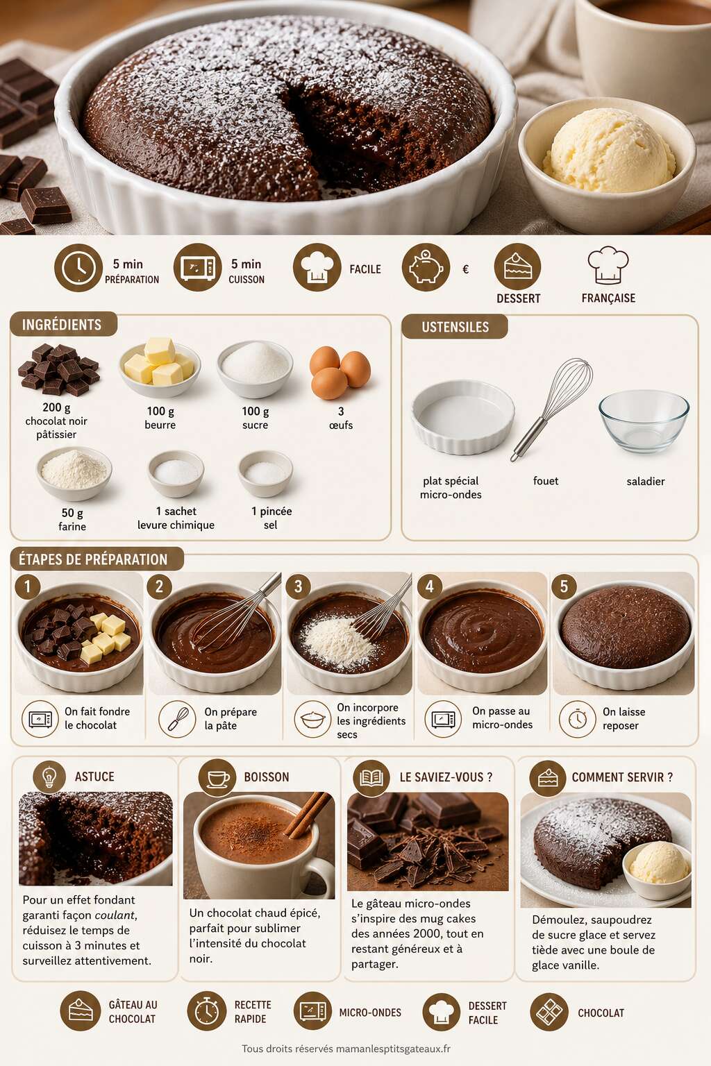 Fiche recette G&acirc;teau au chocolat rapide au micro-ondes : recette facile