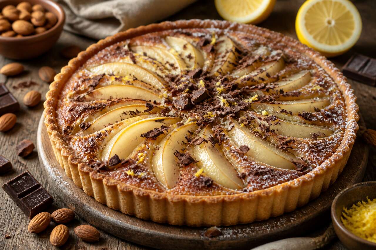 Tarte aux poires, frangipane et chocolat : délice irrésistible