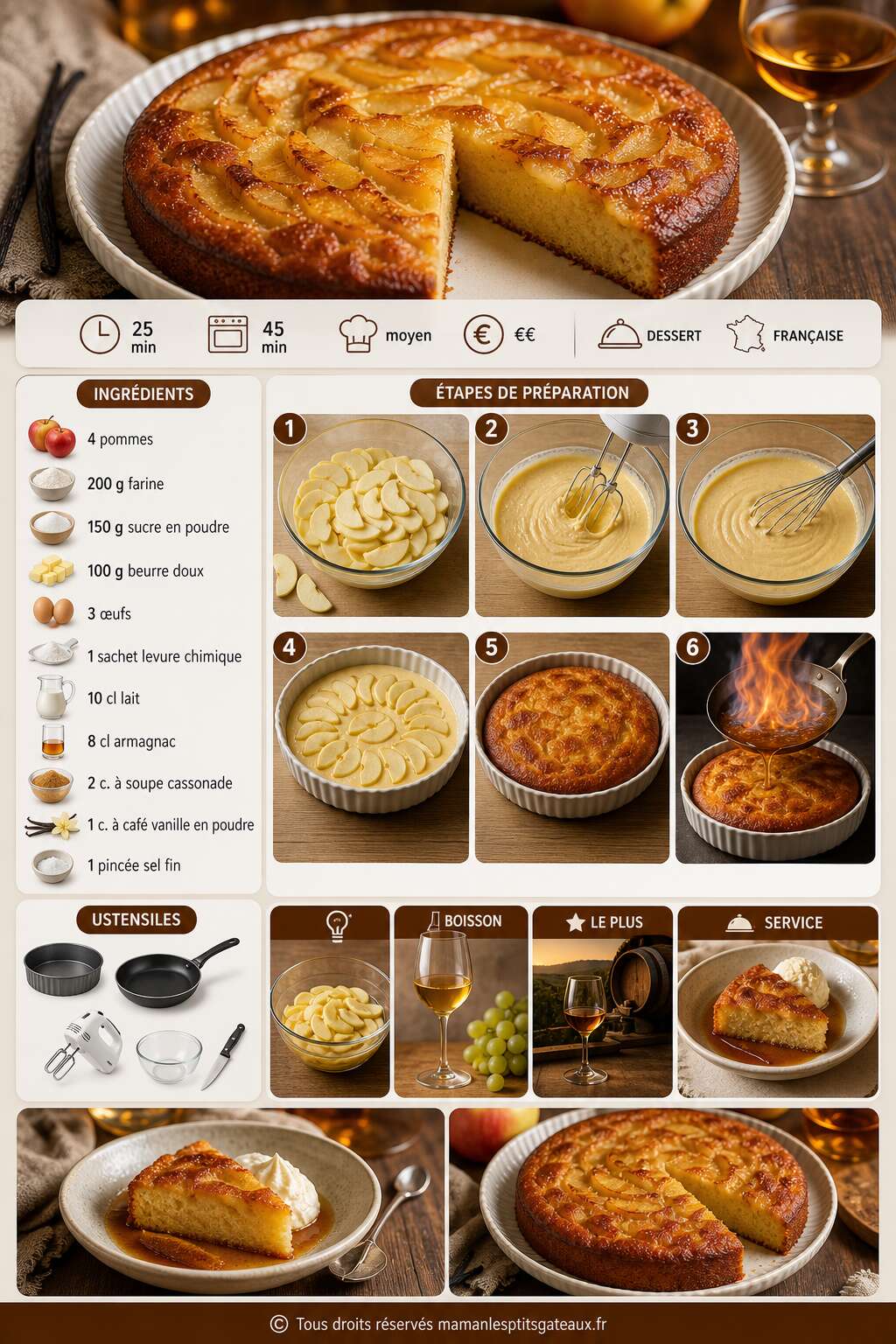Fiche recette G&acirc;teau aux pommes flamb&eacute;es &agrave; l'Armagnac : la recette savoureuse