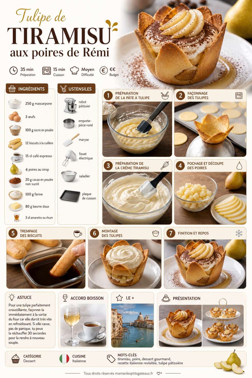 Fiche recette Tulipe de tiramisu aux poires de Rémi : recette gourmande Fiche recette Tulipe de tiramisu aux poires de Rémi : recette gourmande