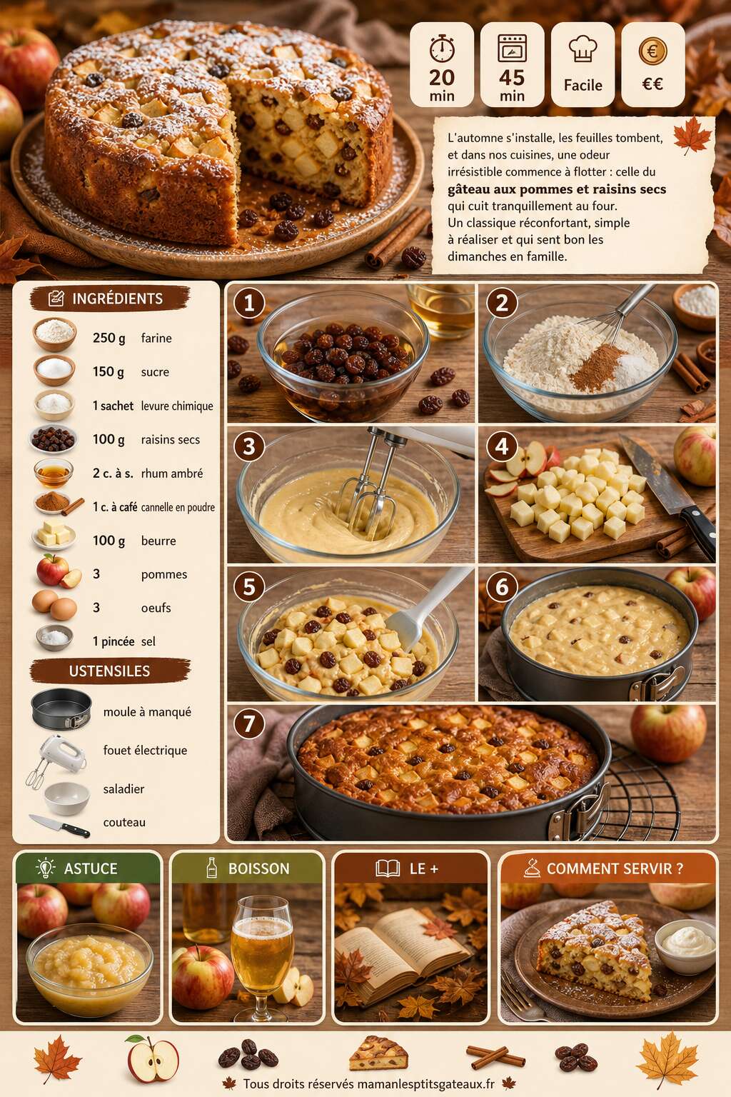 Fiche recette G&acirc;teau d'automne aux pommes et raisins secs : recette gourmande