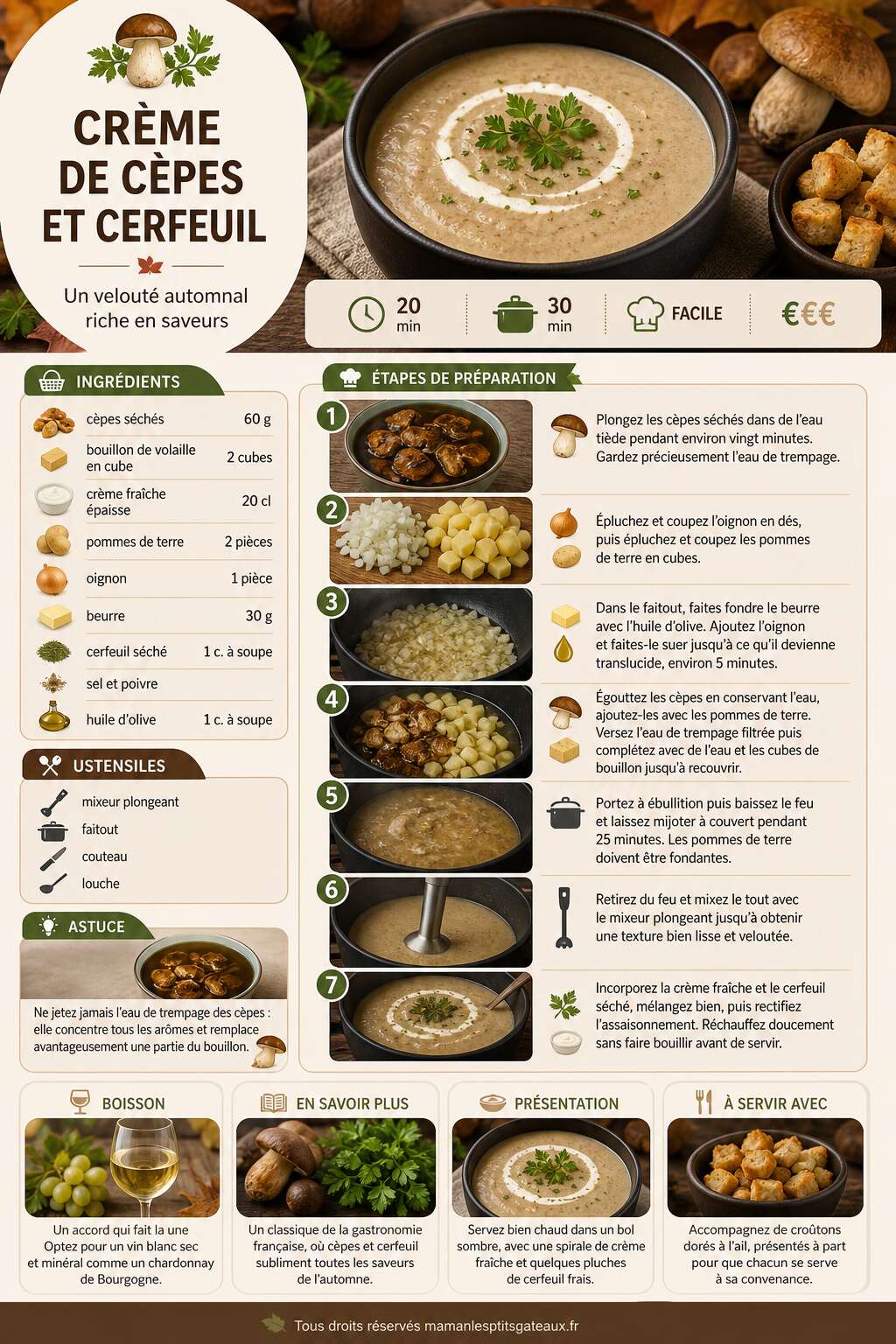 Fiche recette Crème de cèpes et cerfeuil : recette savoureuse Fiche recette Crème de cèpes et cerfeuil : recette savoureuse
