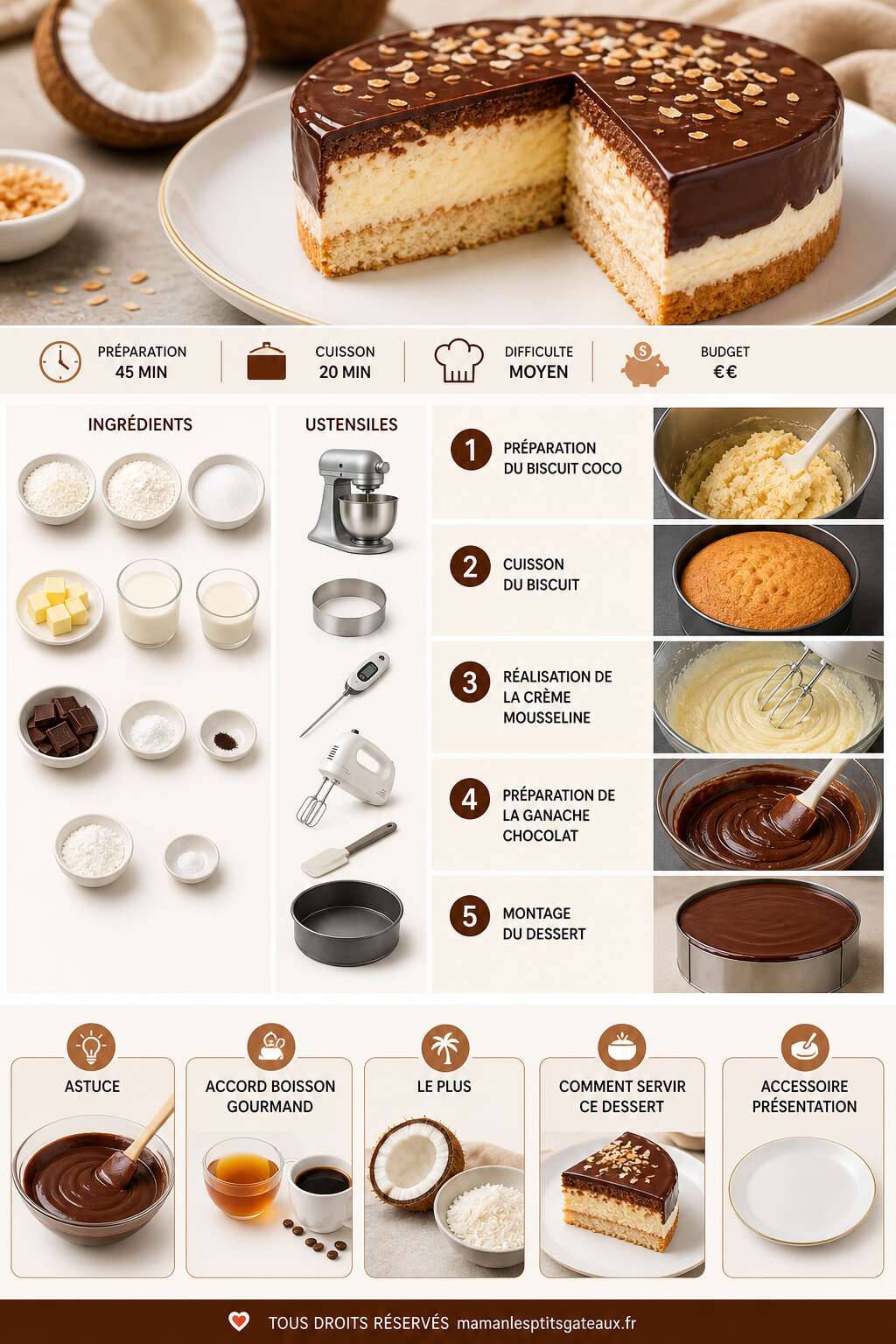 Fiche recette Biscuit noix de coco, cr&egrave;me mousseline et ganache chocolat : recette gourmande