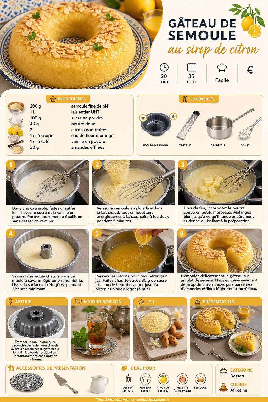Fiche recette G&acirc;teau de semoule au sirop de citron : recette facile et savoureuse