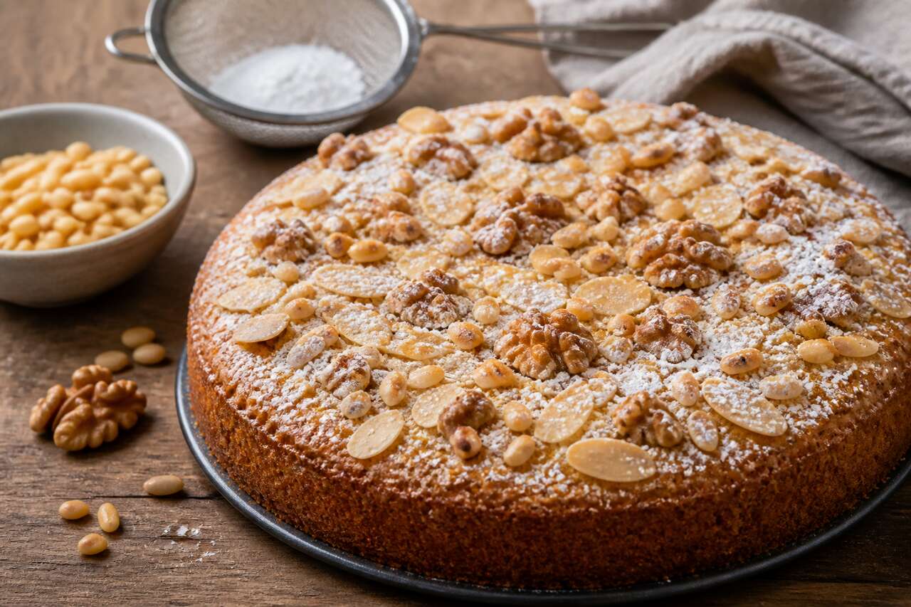 Gâteau aux amandes, noix et pignons de pin : recette gourmande