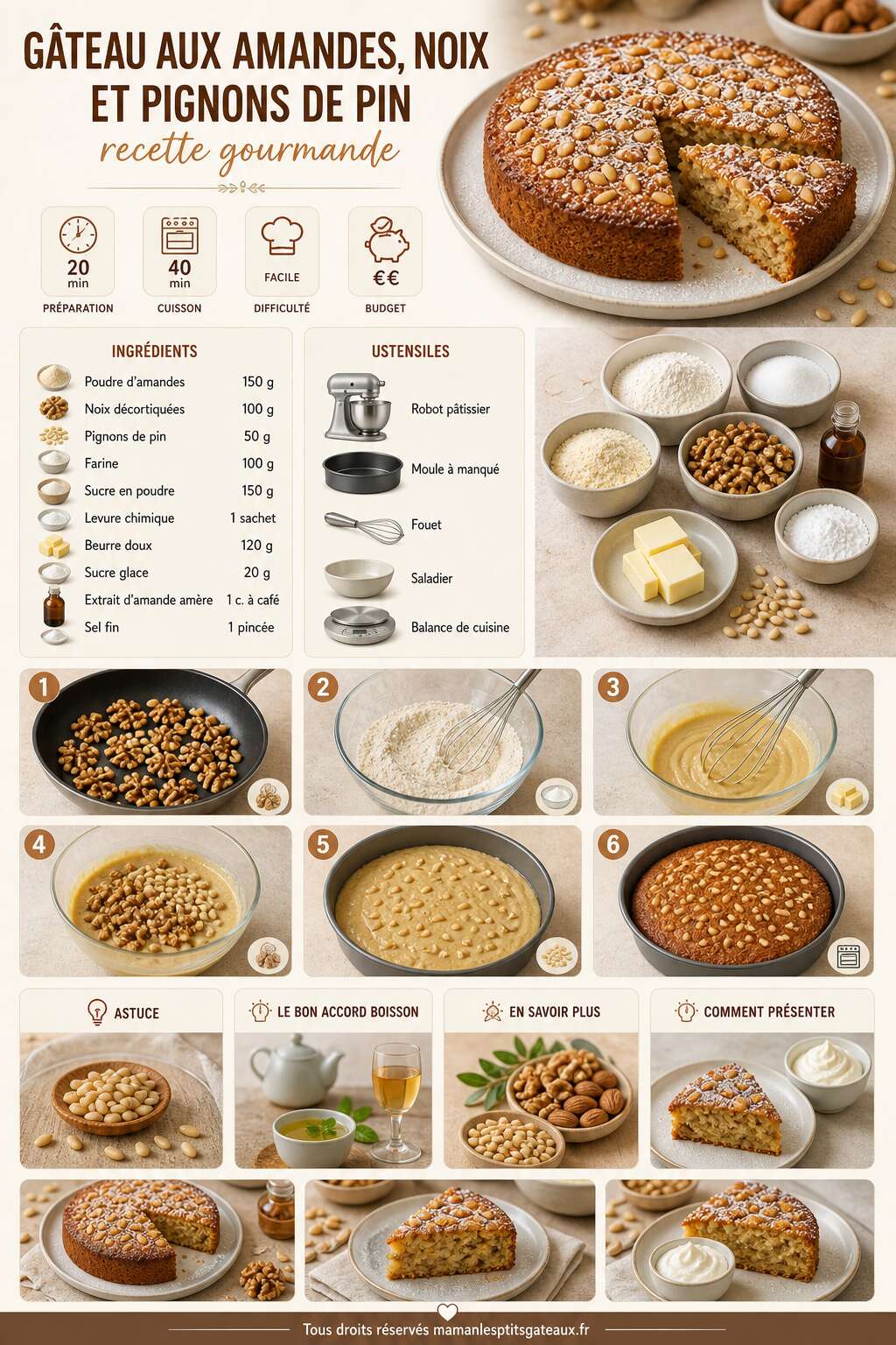 Fiche recette G&acirc;teau aux amandes, noix et pignons de pin : recette gourmande
