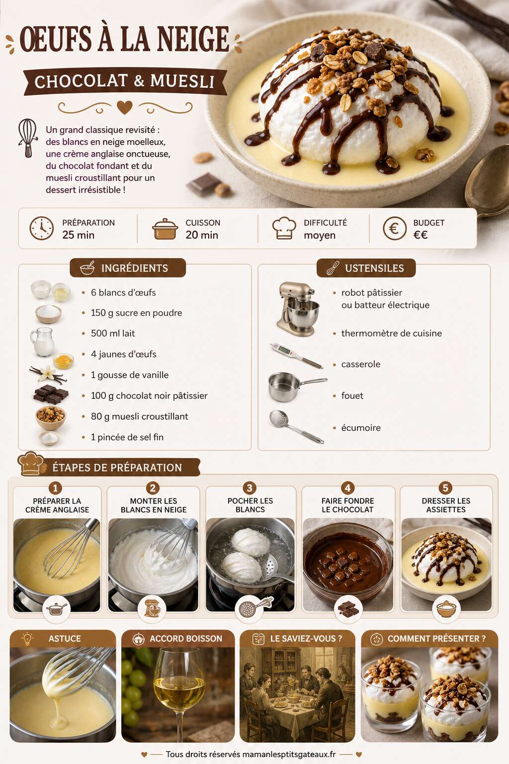 Fiche recette Oeufs à la neige : recette gourmande au chocolat et muesli Fiche recette Oeufs à la neige : recette gourmande au chocolat et muesli