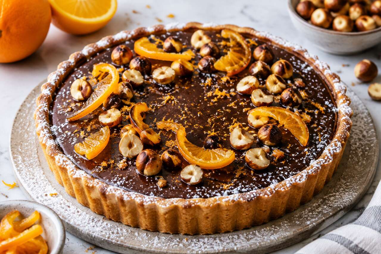 Tarte chocolat, orange et noisettes : recette gourmande