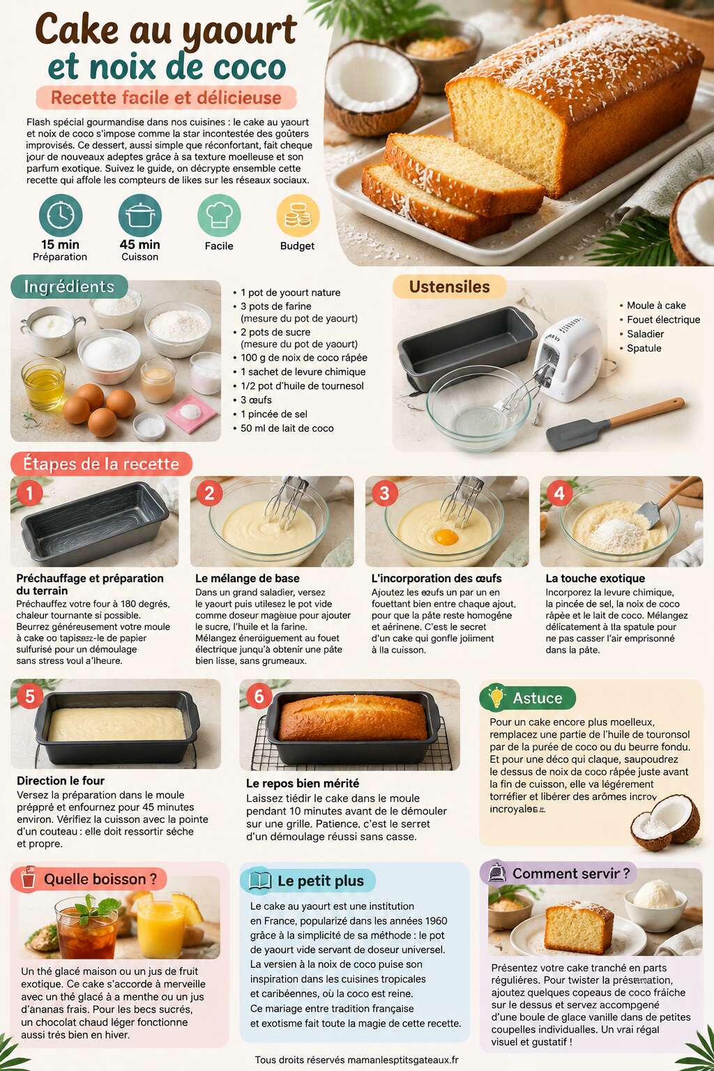 Fiche recette Cake au yaourt et noix de coco : recette facile et délicieuse Fiche recette Cake au yaourt et noix de coco : recette facile et délicieuse