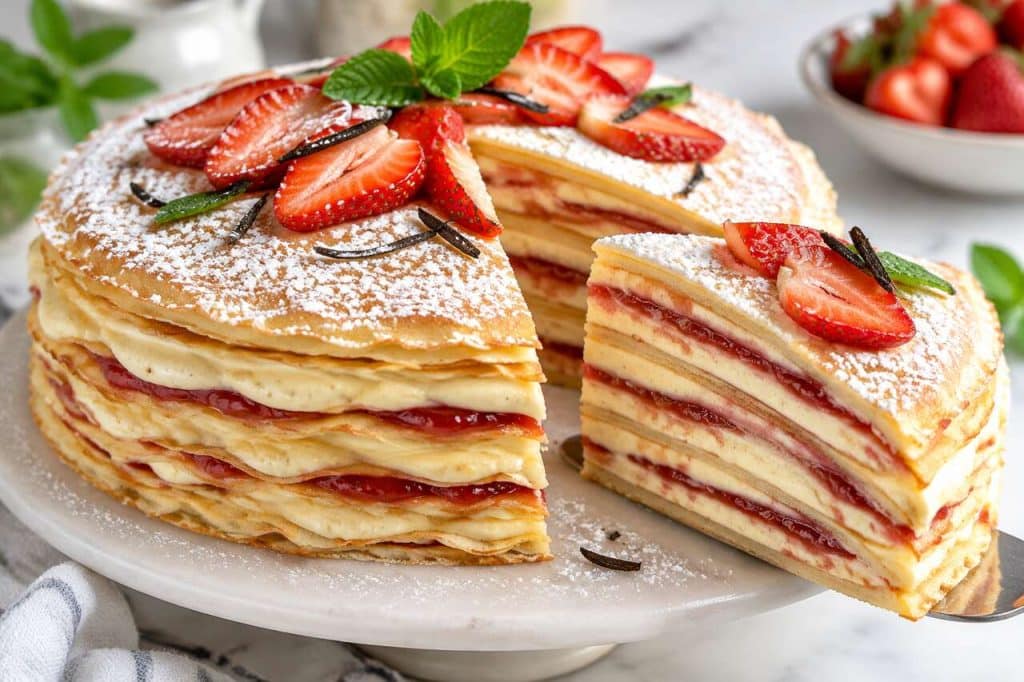 Gâteau de crêpes à la confiture et mousse vanille légère
