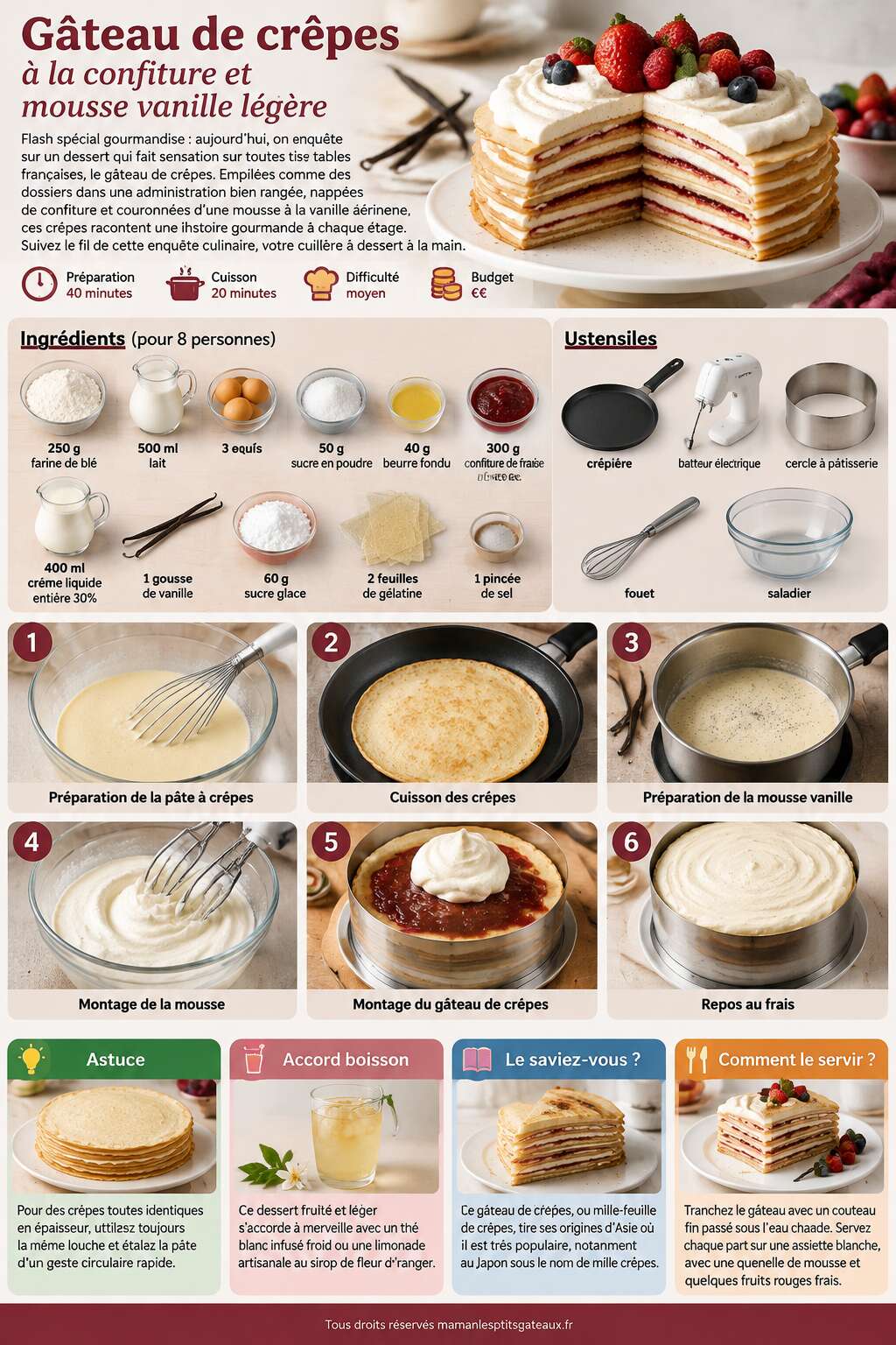 Fiche recette Gâteau de crêpes à la confiture et mousse vanille légère Fiche recette Gâteau de crêpes à la confiture et mousse vanille légère