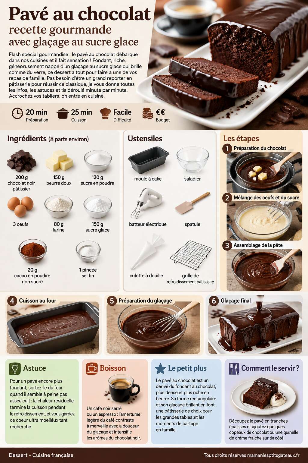 Fiche recette Pavé au chocolat : recette gourmande avec glaçage sucre glace Fiche recette Pavé au chocolat : recette gourmande avec glaçage sucre glace