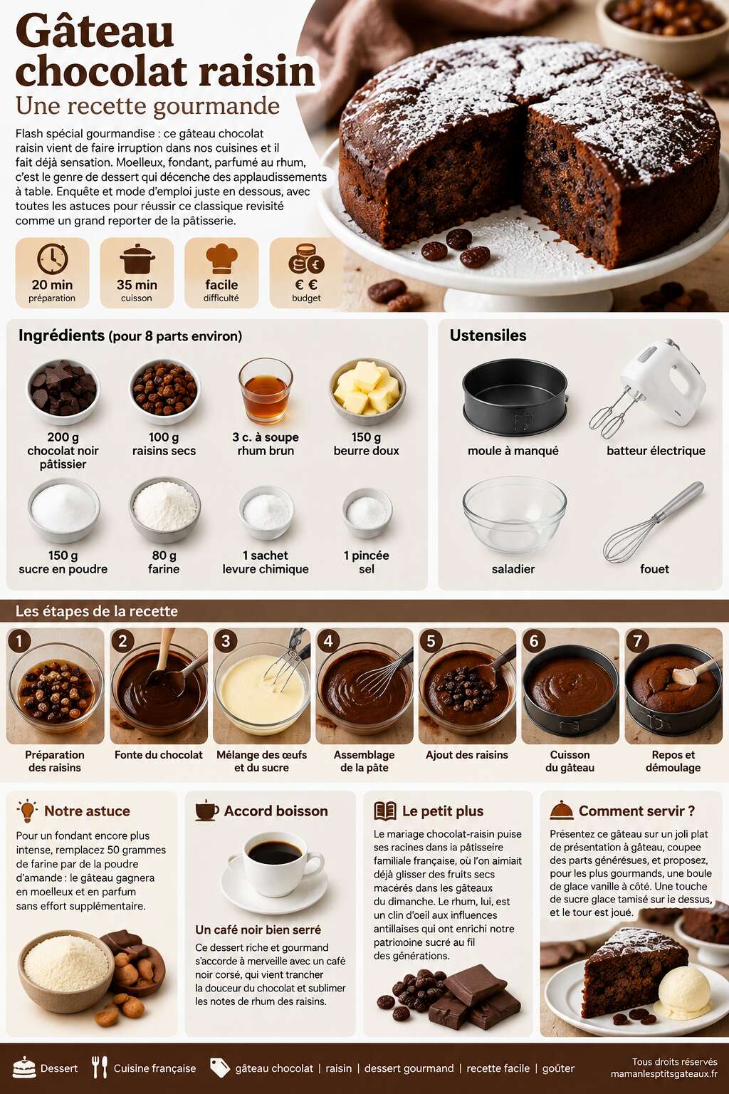 Fiche recette G&acirc;teau chocolat raisin : une recette gourmande