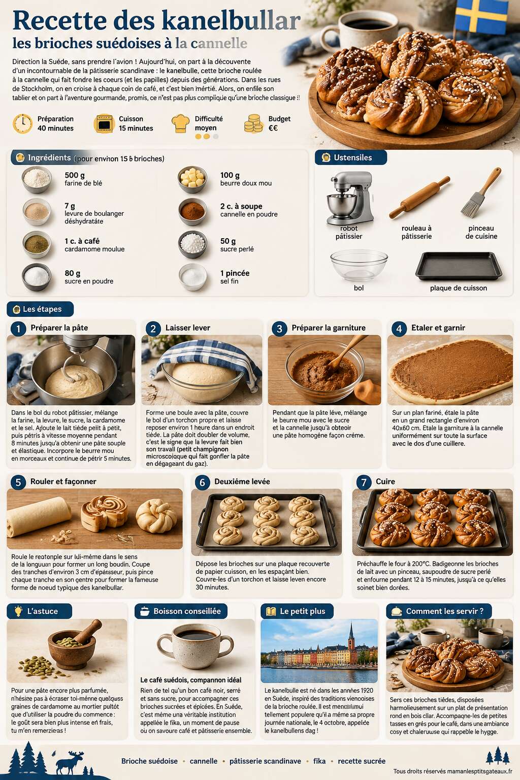 Fiche recette Recette des kanelbullar, les brioches suédoises à la cannelle Fiche recette Recette des kanelbullar, les brioches suédoises à la cannelle
