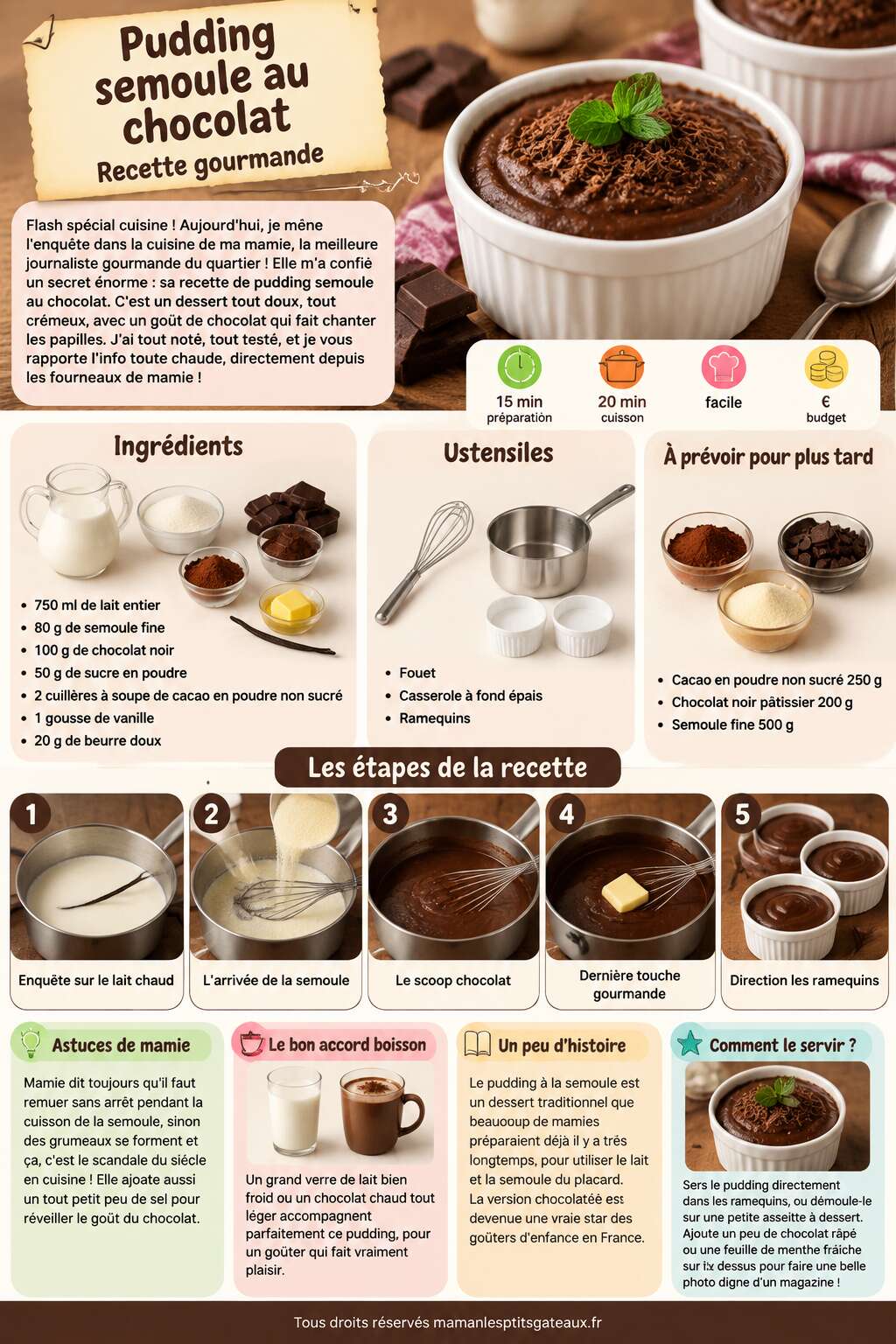 Fiche recette Pudding semoule au chocolat : recette gourmande