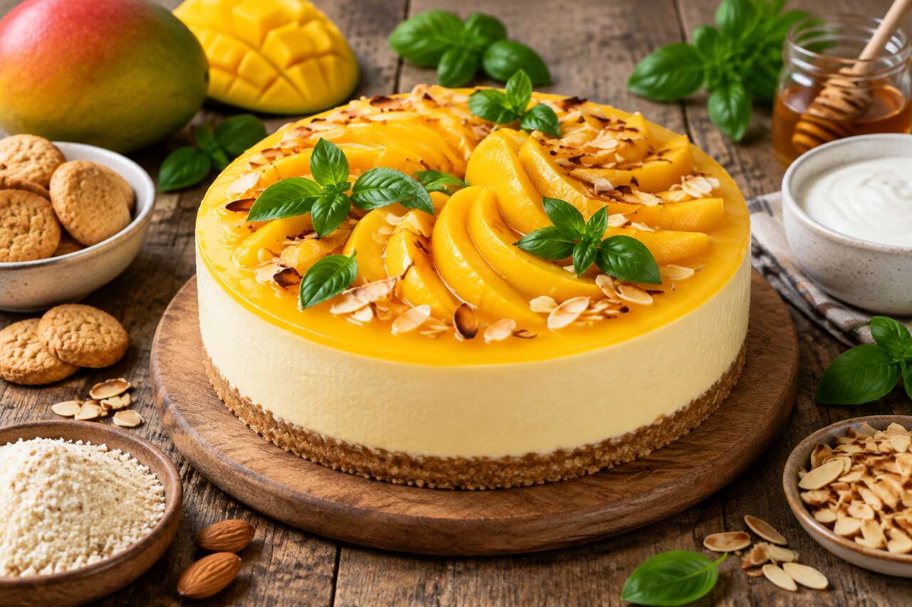 Cheesecake mangue-amande : gourmand et sain avec une touche de basilic