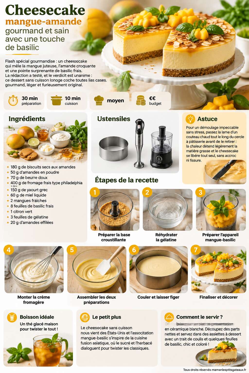 Fiche recette Cheesecake mangue-amande : gourmand et sain avec une touche de basilic Fiche recette Cheesecake mangue-amande : gourmand et sain avec une touche de basilic