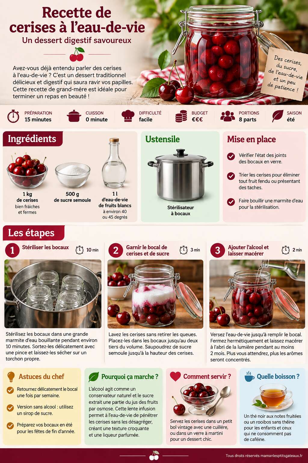 Fiche recette Recette de cerises &agrave; l'eau-de-vie : un dessert digestif savoureux