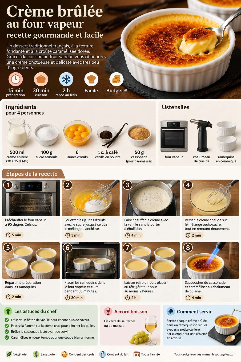 Fiche recette Cr&egrave;me br&ucirc;l&eacute;e au four vapeur : recette gourmande et facile