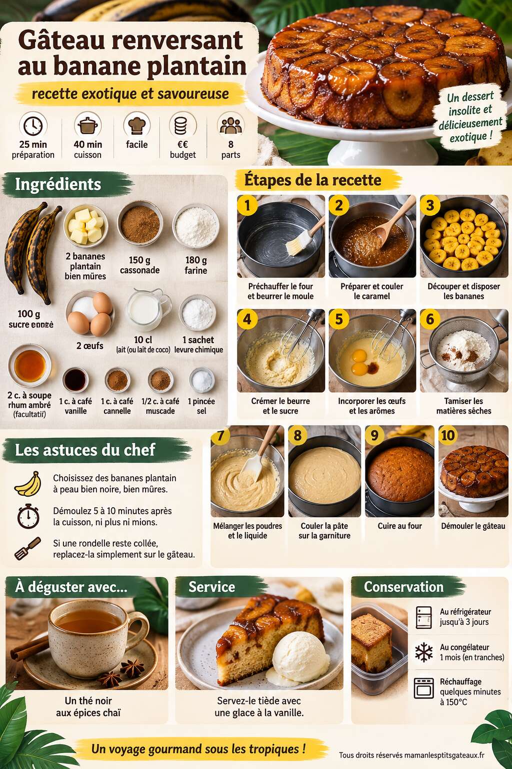 Fiche recette Gâteau renversant au banane plantain : recette exotique et savoureuse Fiche recette Gâteau renversant au banane plantain : recette exotique et savoureuse