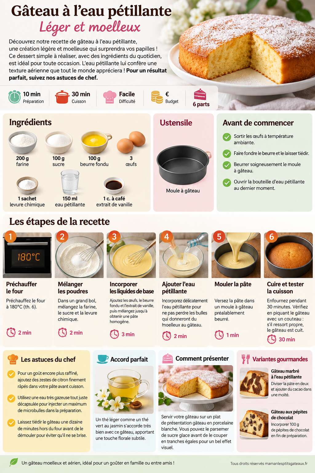 Fiche recette Recette de gâteau à l'eau pétillante : léger et moelleux Fiche recette Recette de gâteau à l'eau pétillante : léger et moelleux