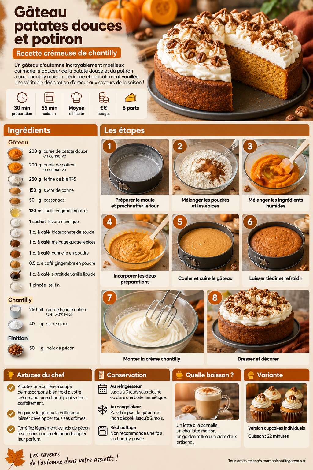 Fiche recette Gâteau patates douces et potiron : recette crémeuse de chantilly Fiche recette Gâteau patates douces et potiron : recette crémeuse de chantilly