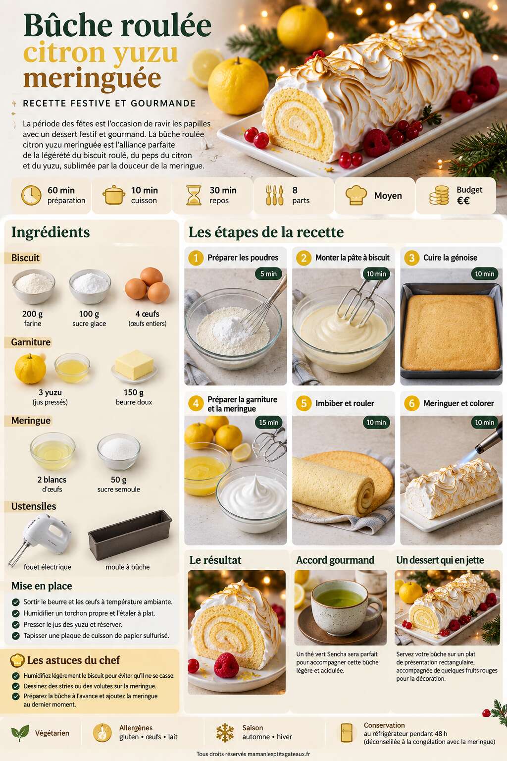 Fiche recette B&ucirc;che roul&eacute;e citron yuzu meringu&eacute;e : recette festive et gourmande