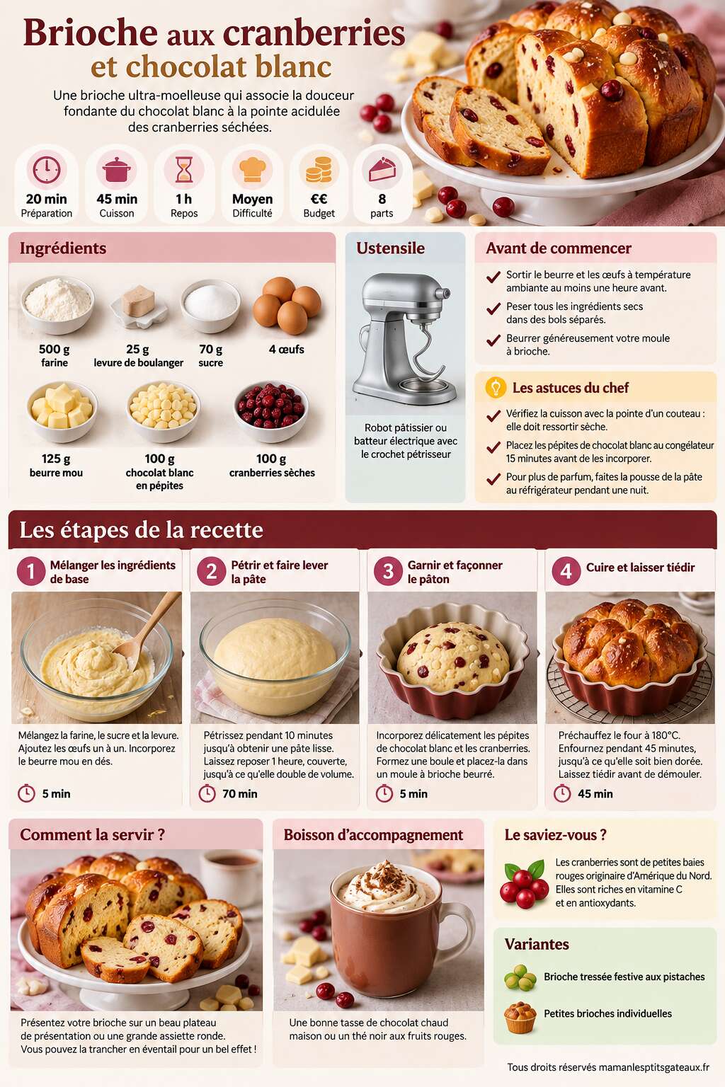 Fiche recette Recette de brioche aux cranberries et chocolat blanc Fiche recette Recette de brioche aux cranberries et chocolat blanc
